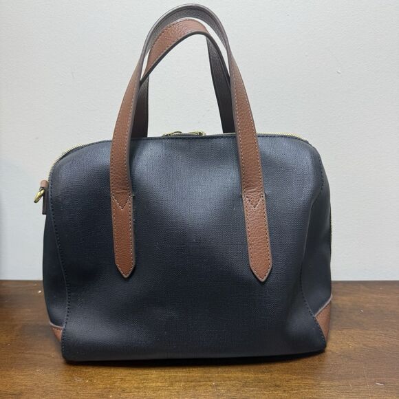 Fossil Sydney Satchel Shoulder Bag Black Brown Leather  Double Handles - Picture 5 of 11